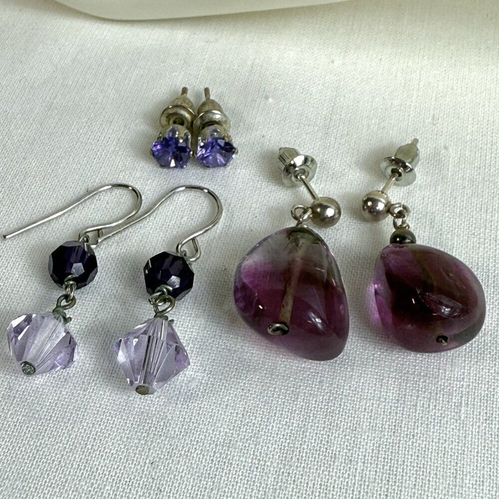 Purple Earrings Lot: Gemstone Bead Crystal Stud 3 Pairs